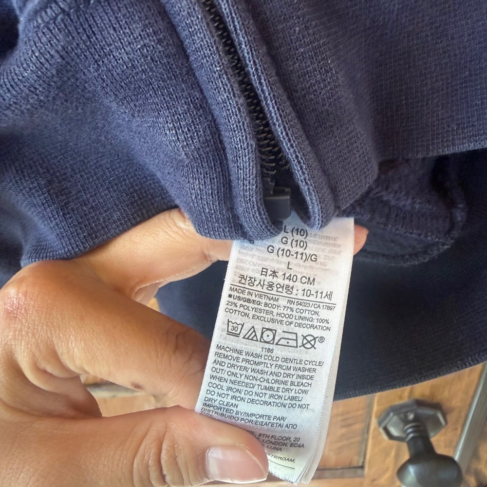 Gap Zip Up Hoodie Kids L 10 Navy Blue Cotton Blend Logo Fleece Sweatshirt - Picture 6 of 8